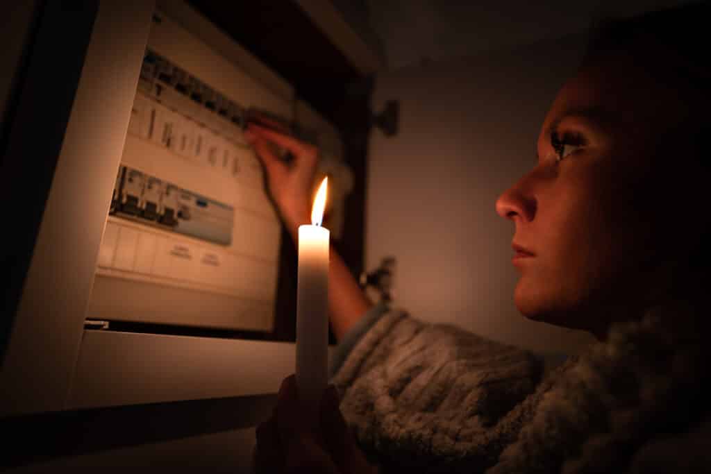 woman checking fuse box home during power outage blackout no electricity concept woman checking fuse box home during power outage blackout no electricity concept