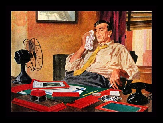 1950s illustration of man suffering heat at desk without air conditioning
