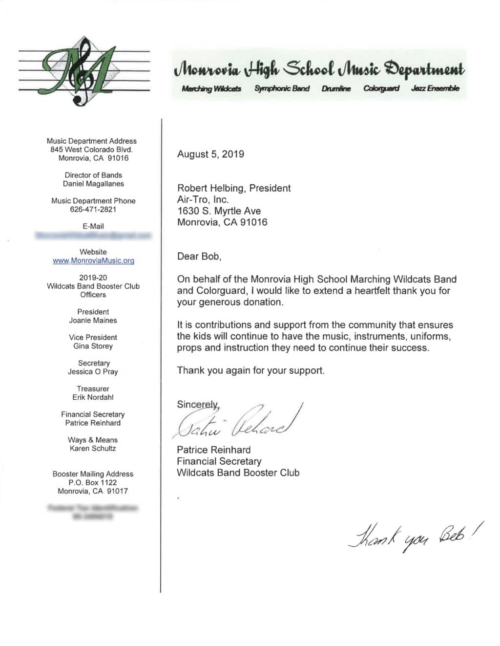 Monrovia High School Marching Band letter Monrovia High School Marching Band letter