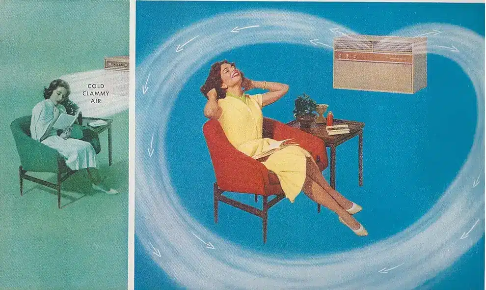 1950s vintage AC ad Vintage 1950s air conditioning ad showing woman in clammy heat versus relaxed in cool air