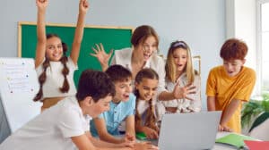 A modern commercial building HVAC system with UVGI lights, high-efficiency filters, and IAQ sensors ensuring clean indoor air in a school or office environment.